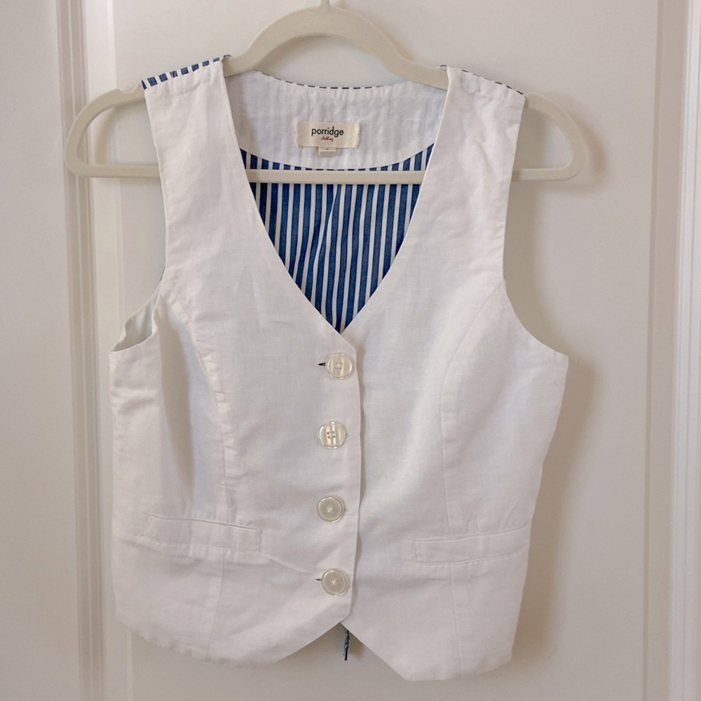 Anthropologie Porridge Vest white linen & stripes Small